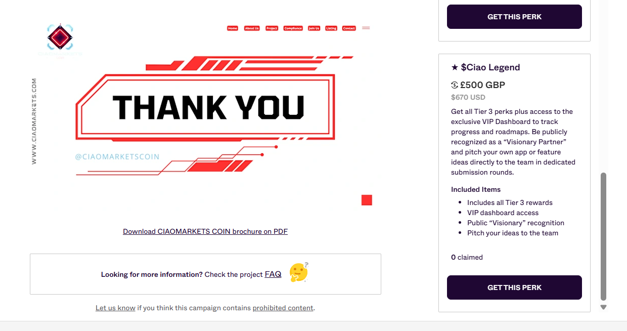 CIAOMARKETS COIN | $CIAO | CRYPTO | INDIEGOGO