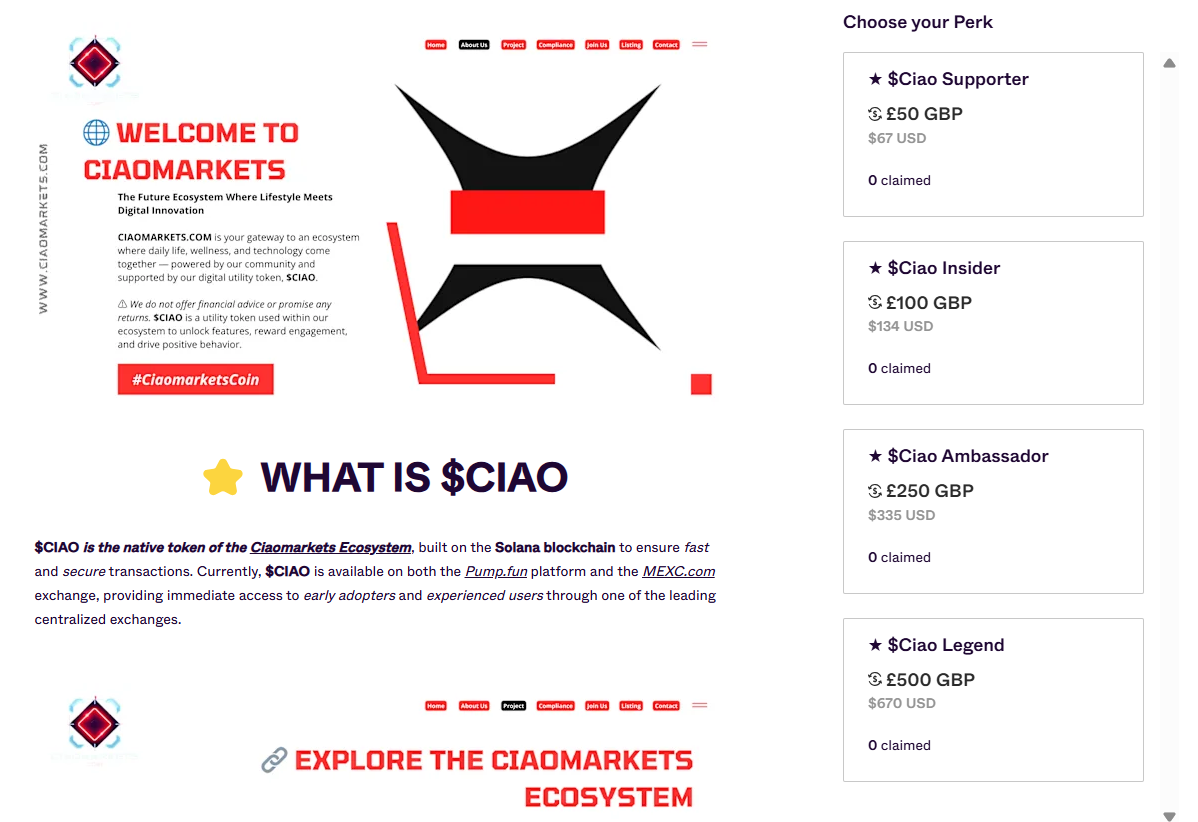 CIAOMARKETS COIN | $CIAO | CRYPTO | INDIEGOGO