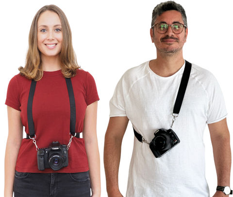 Sangle Harnais Bandoulière dragonne Camstrap mains libres couleur noire pour appareil photo reflex hybride bridge ideal pour voyage randonnées activites sportives