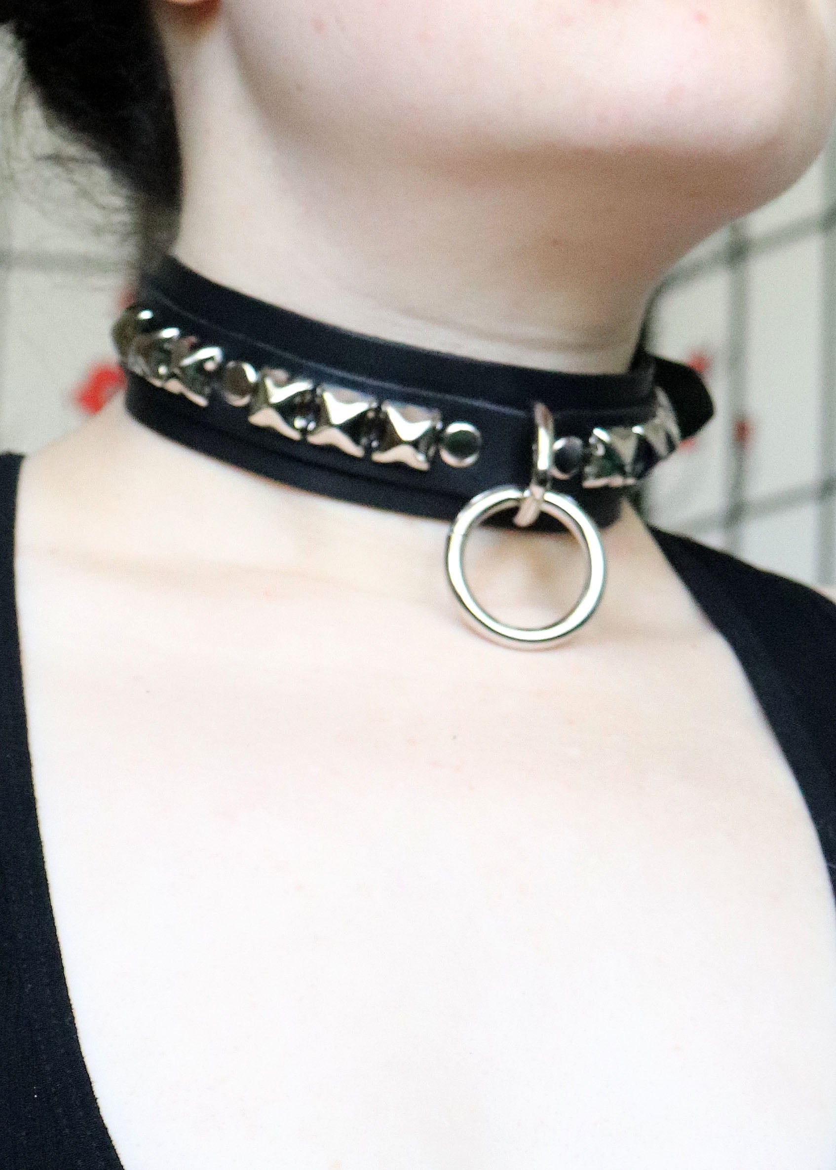 Black Leather Collar with Chrome Studs and Ring