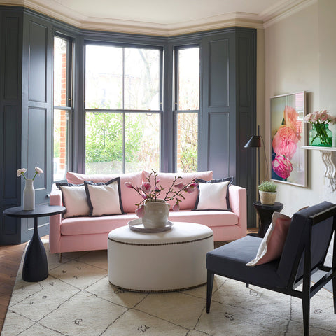 Pink sofa and grey armchair in a recycled cotton fabric