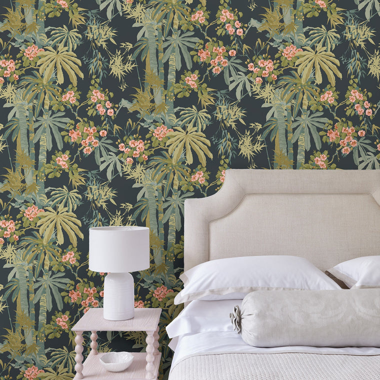 Bamboo Garden Navy Tropical Wallpaper Linwood