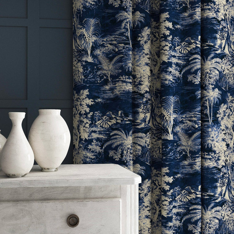 blue and white curtain material