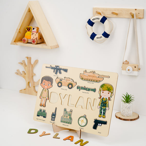 Personalized wooden name puzzle with military boys & grls
