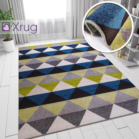 Modern Rugs Petrol Blue Lime Green Grey Diamond Pattern Carpet