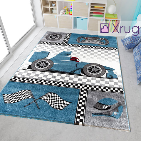 Boys Car Rug Blue Grey White Kids Bedroom Carpet Small Large