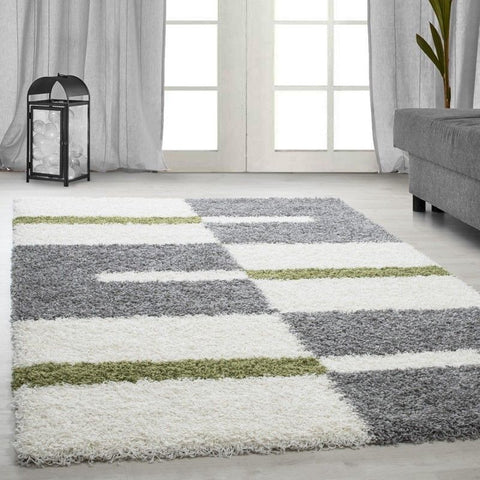 Fluffy Rugs Deep Pile Shaggy Cream Grey Green Geometric Carpet Living Xrugs