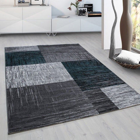 Check Rug New Modern Silver Grey Blue Geometric Pattern