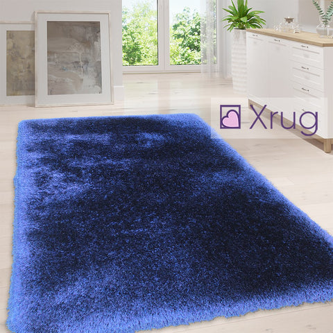 Fluffy Rug Plain Indigo Long Pile Shaggy Mat Small Large