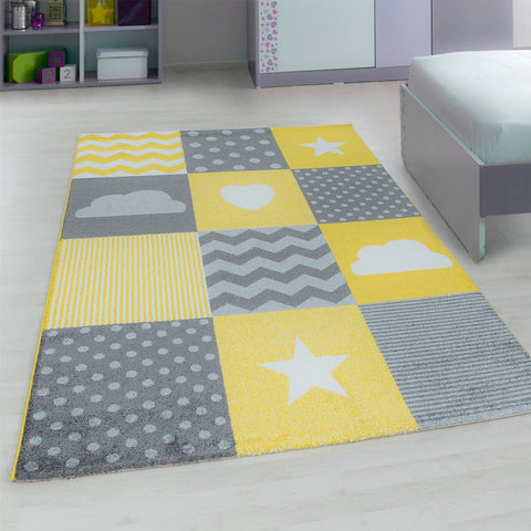 Kids Star Rug Yellow Grey Baby Nursery Play Carpet Childrens