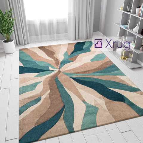 Teal Rugs Beige Hand Carved Pattern Abstract Carpet Bedroom