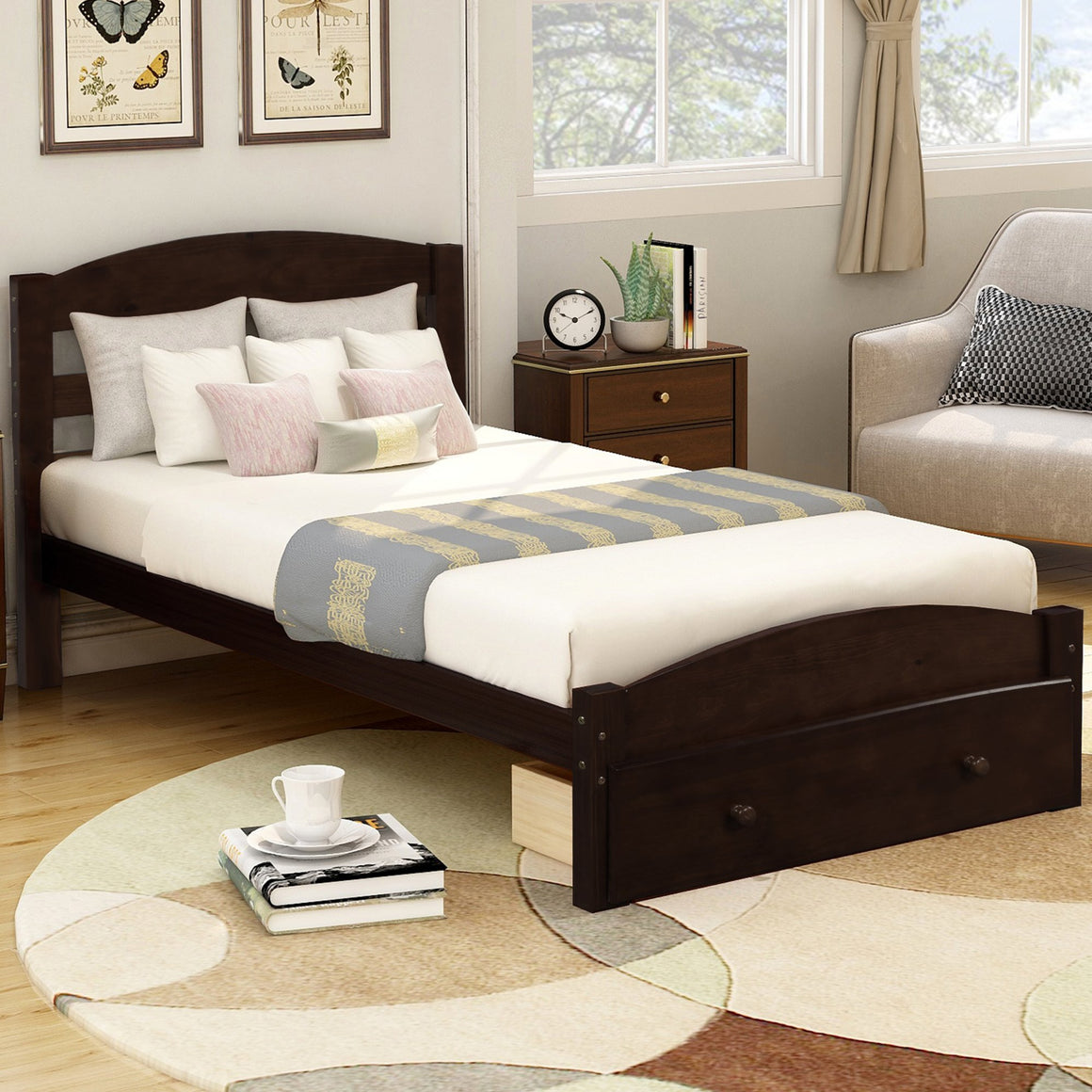 Twin Espresso Wood Platform Bed with Drawer for Storage HOMEDAYBED