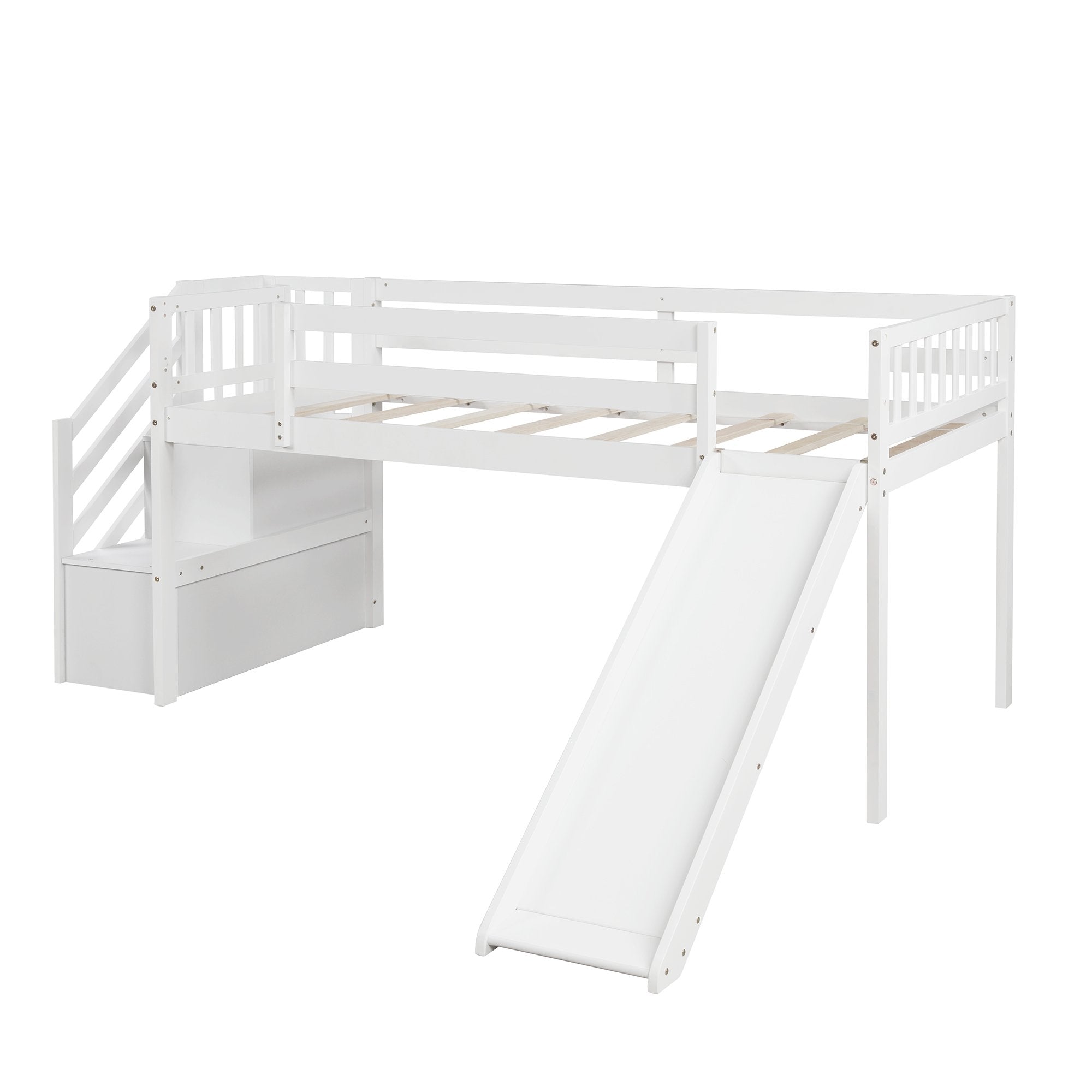 Twin White Pinewood Low Loft Bed with Slide, Staircase and Storage ...