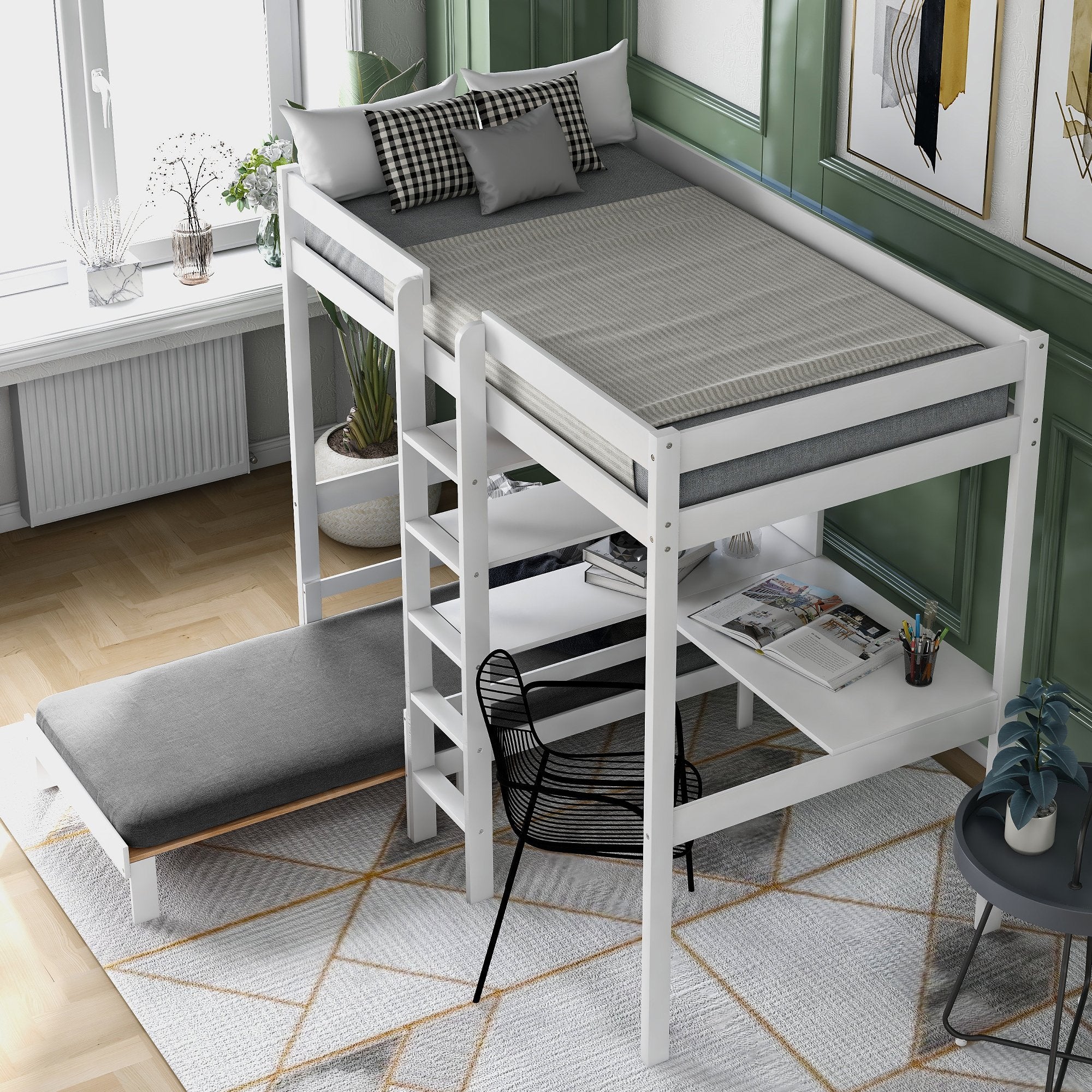 Twin White Wood Loft Bed With Convertible Bed Seat L Shaped Desk And Homedaybed