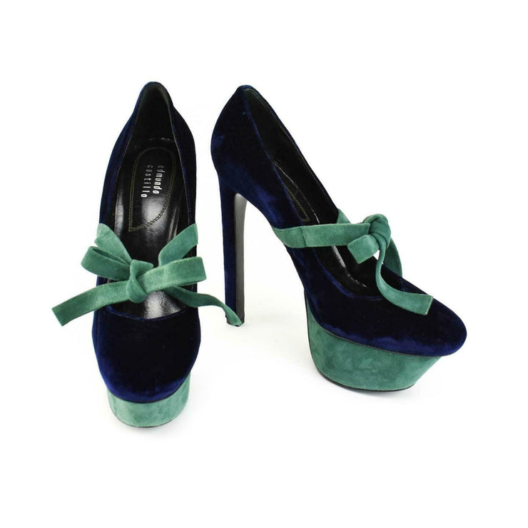 blue velvet platform heels