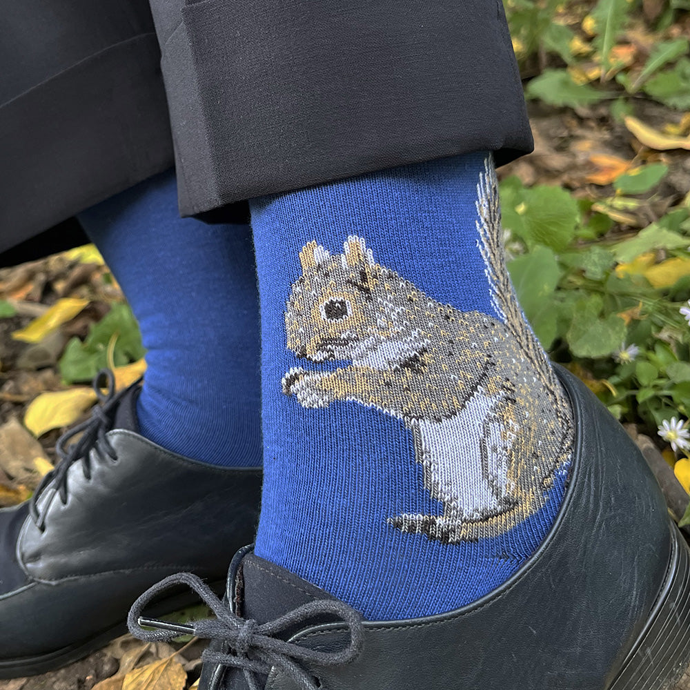 Made in USA women's blue cotton squirrel socks by THIS NIGHT