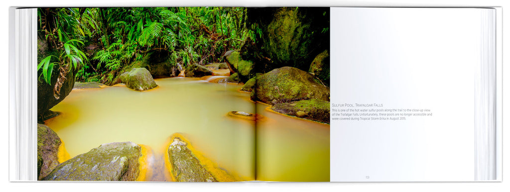 A two-page spread from Majestic and Magical showing a hot pool at Trafalgar Falls