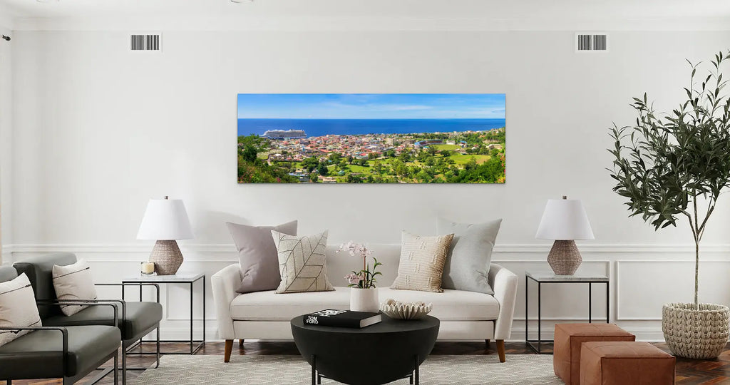 "AIDA Perla in Port" by Yuri A Jones as a canvas print above a grey couch