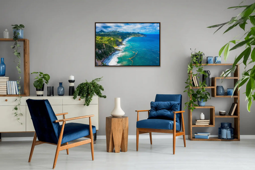 "Down Coast" by Yuri A Jones as a framed canvas print in a meeting room