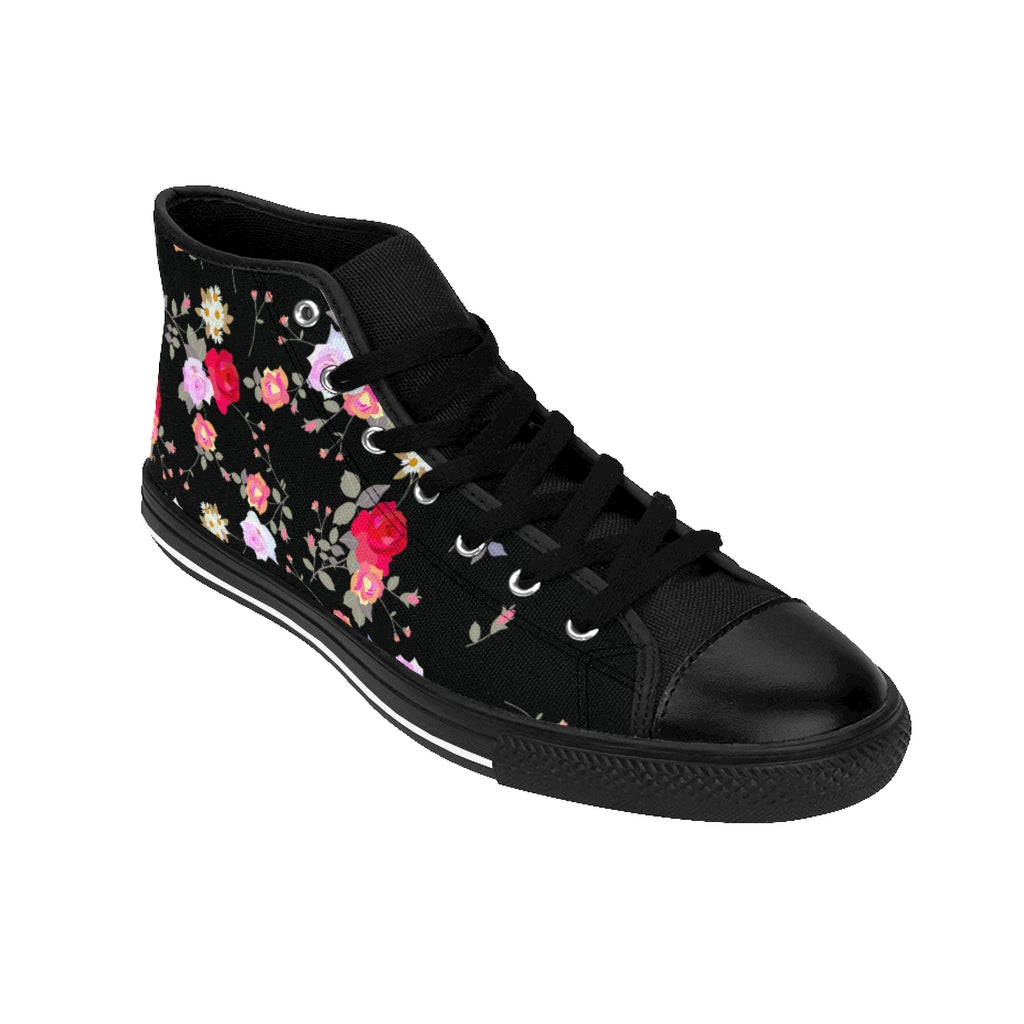 Black Floral Women's Sneakers, Rose Flower Print Designer High-top ...