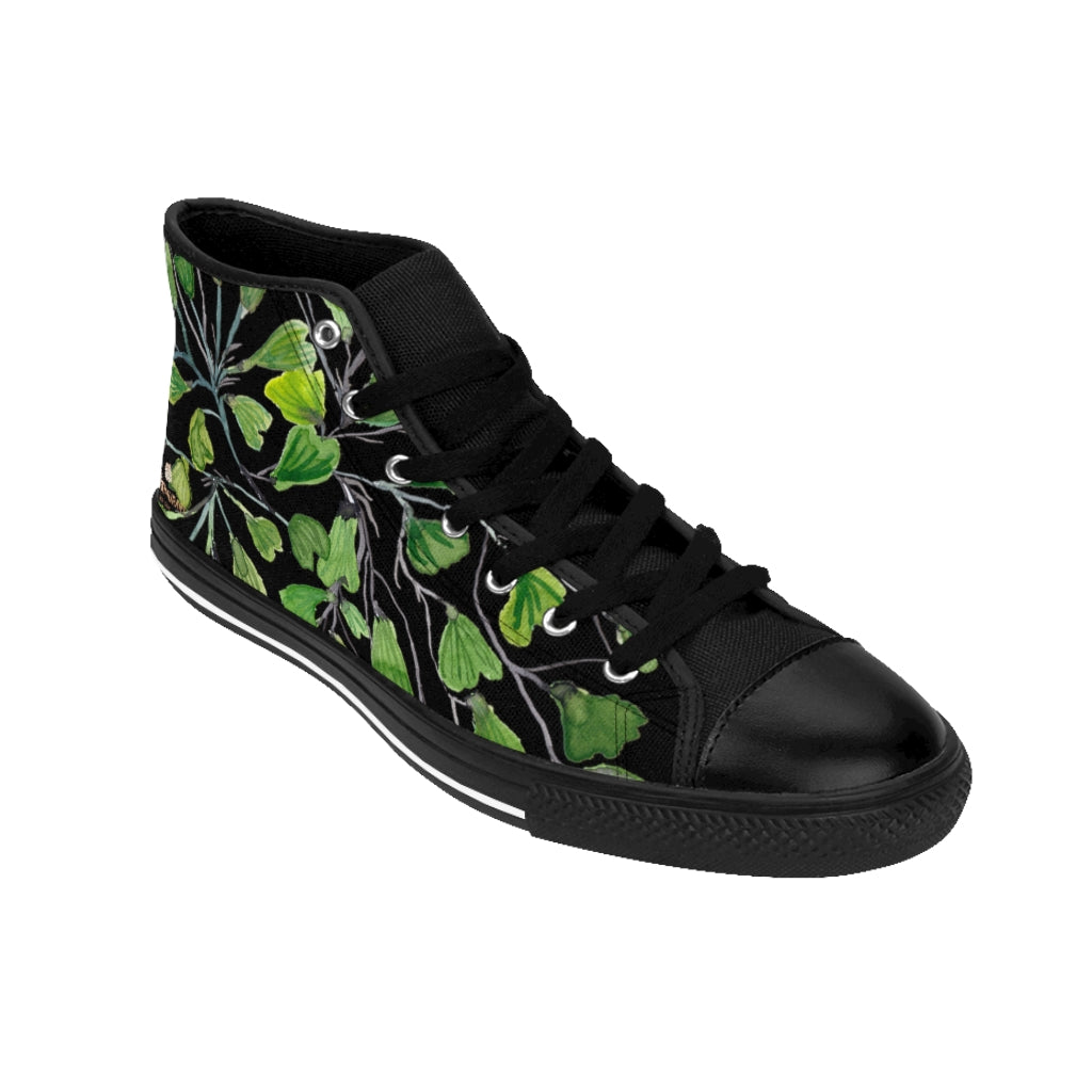 Black Green Maidenhair Men's Tennis Shoes, Tropical Print Designer Best ...