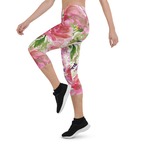 Pink Floral Best Capri Leggings, Flower Print Designer Premium Quality  Women's Capris Tights- Made in USA/EU/MX