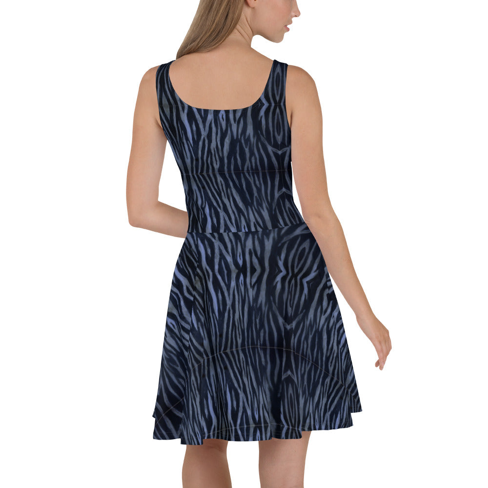 Blue Tiger Striped Skater Dress, Blue Animal Print Women's Premium Skater Dress-Made in USA/EU