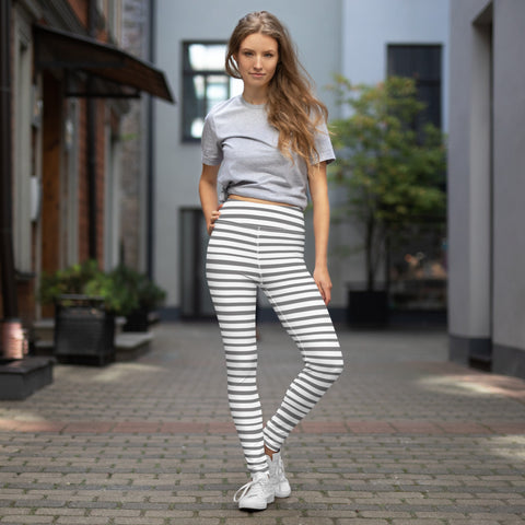 Black White Striped Yoga Leggings, Horizontal Stripes Yoga Pants For  Women-Made in USA/EU/MX