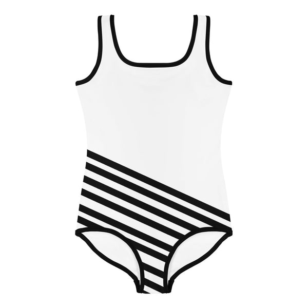 White Black Striped Girl's Swimsuit, Diagonal Stripe Cute Kids Bathing ...
