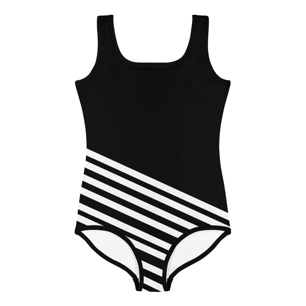 Black Diagonal Striped Girl's Swimsuit, Cute Kids White Stripes Bathing ...