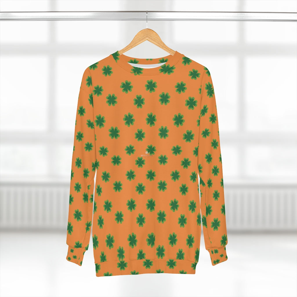 Orange St. Patrick's Day Green Clover Print Unisex Couple's Sweatshirt- Made in USA-Unisex Sweatshirt-2XL-Heidi Kimura Art LLC