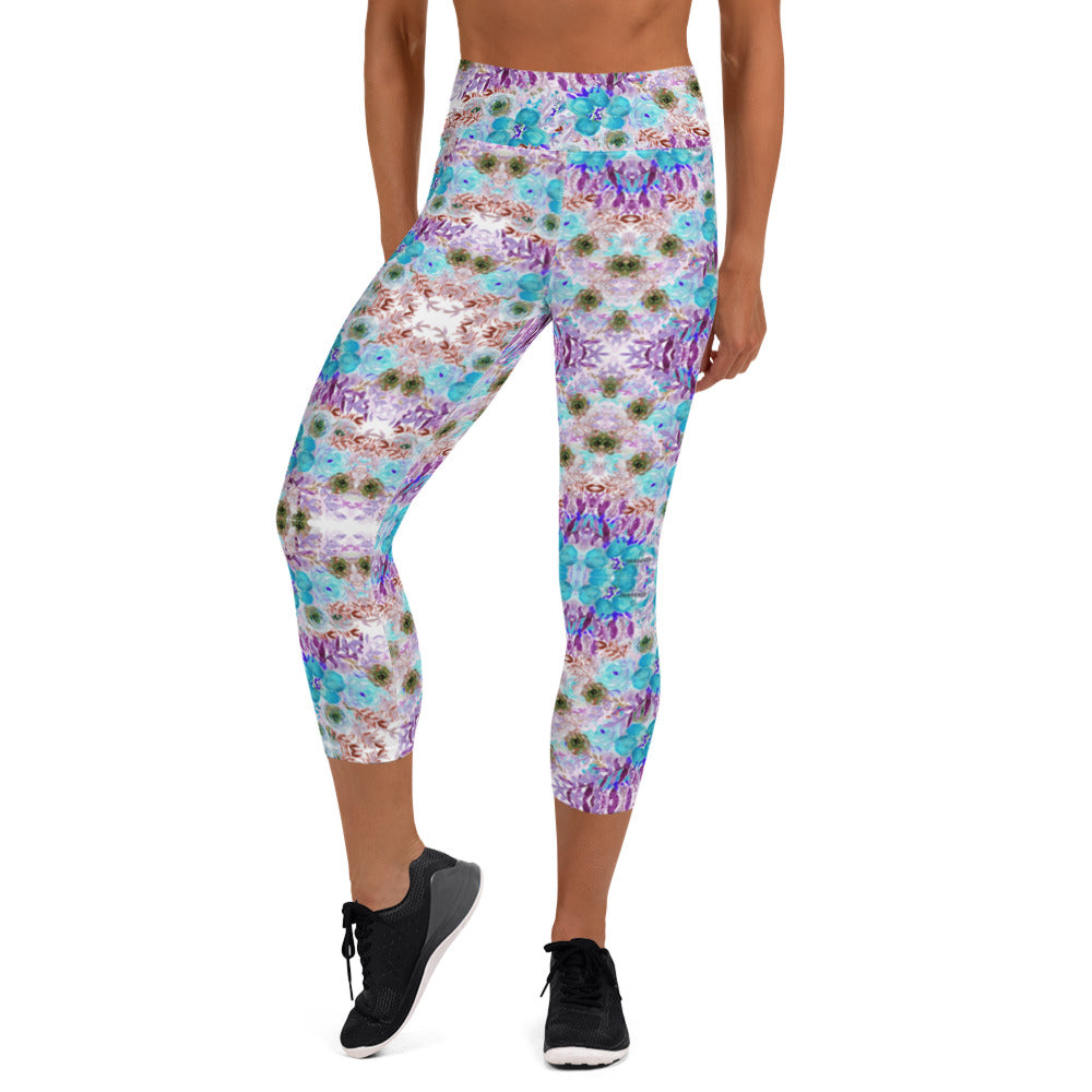 Purple Flower Yoga Capri Leggings, Blue Vintage Style Women's Capris ...