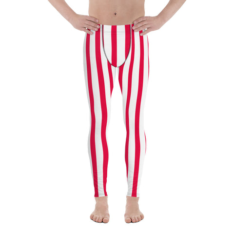 Daisuke Red & White Stripes Men's Running Leggings & Run Tights Meggings Activewear- Made in USA/ Europe