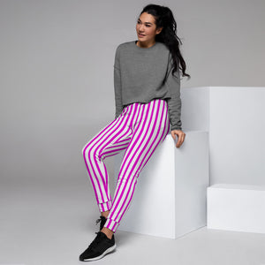 pink joggers with white stripe