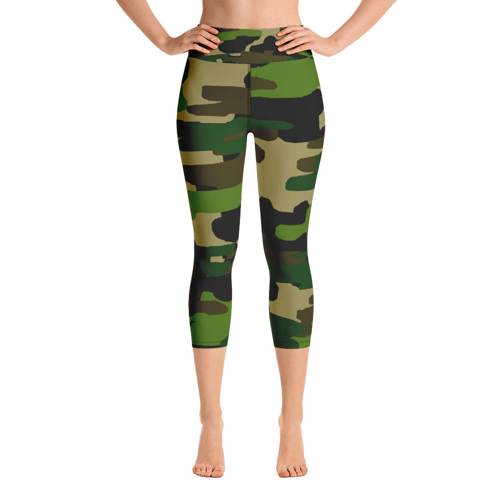 Green Camo Tights, Women's Military Green Camouflage Print Yoga Capri ...