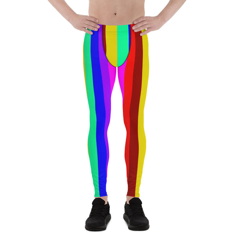 Kiki Honey Rainbow Stripes Men's Running Leggings & Run Tights Meggings Activewear- Made in USA/ Europe