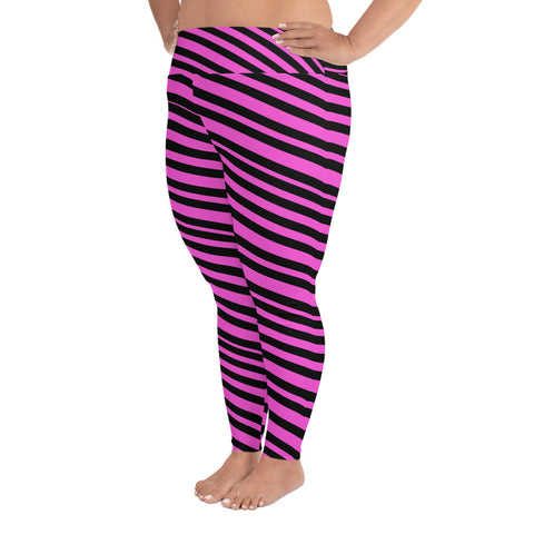 Keiko Hot Pink Black Diagonal Stripe Print High Waisted Women's Plus Size Leggings - Made in USA (US Size: 2XL-6XL)