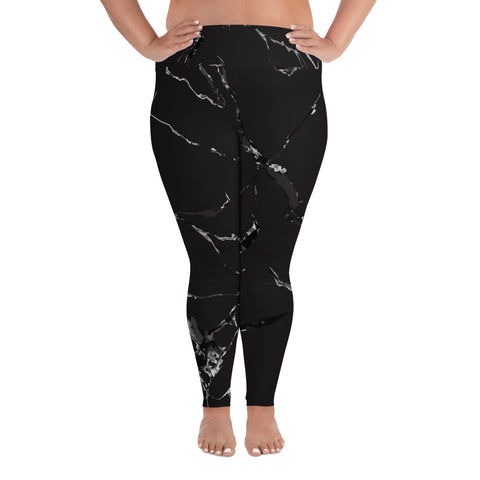 Himeko Black Marble Print High Waist Premium Women's Long Yoga Tights Pants Plus Size Leggings- Made in USA (US Size: 2XL-6XL)