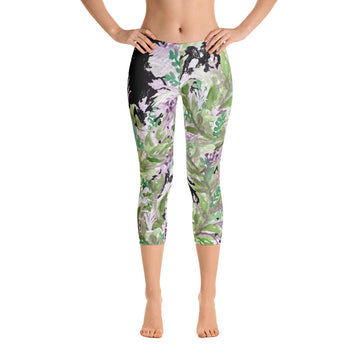 Lavender Women's Capri Leggings, Floral Black Purple Print Capris Tights- Made in USA/EU