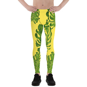 Bright Yellow Green Tropical Leaf Print Men's Leggings Compression Tights-Made in USA-Men's Leggings-XS-Heidi Kimura Art LLC