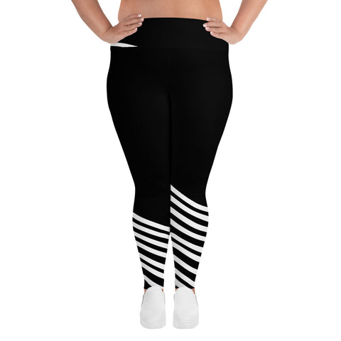Miko Black and White Diagonal Stripe Print Women's Plus Size Leggings - Made in USA (US Size: 2XL-6XL)