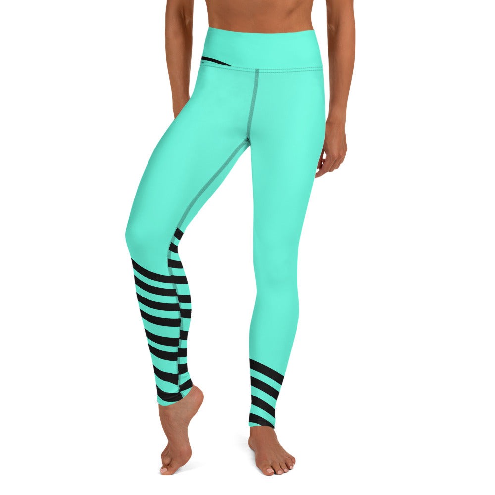 Blue Striped Yoga Leggings, Modern Turquoise Women's Long Yoga Pants ...