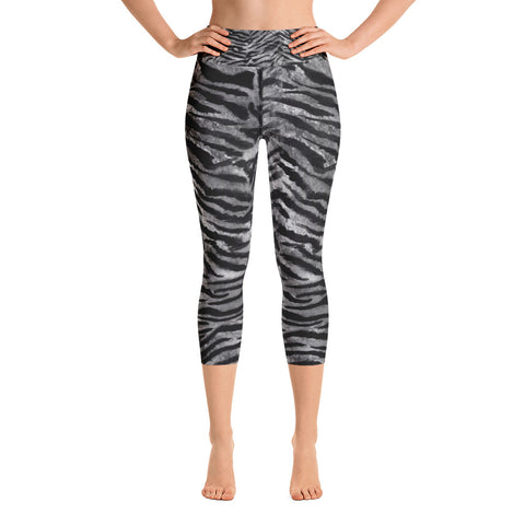 Gray Tiger Striped Women's Capri Sports Leggings Yoga Pants - Made in USA (US Size: XS-XL)