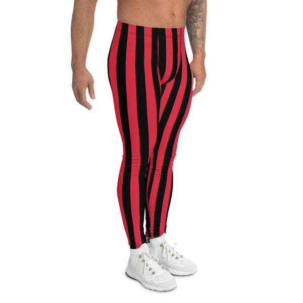 Red Black Striped Men's Leggings, Vertical Striped Circus Fashion Men ...