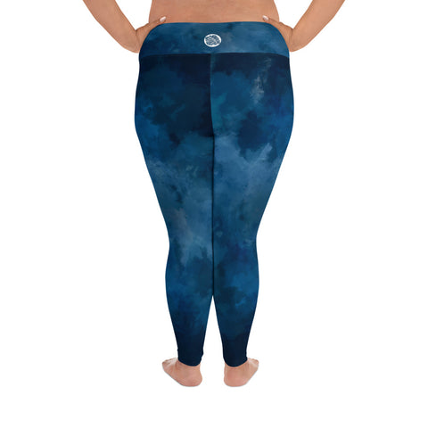 Maho Abstract Watercolor Deep Yale Blue Deep Ocean Women's Long Yoga Pants Plus Size Leggings-Made in USA (US Size: 2XL-6XL)
