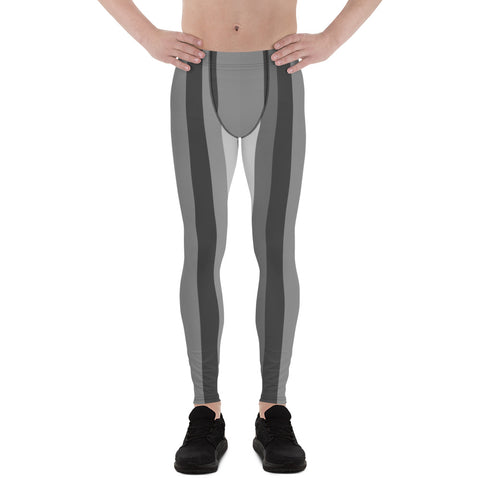 Gure Gray Stripes Men's Running Leggings & Run Tights Meggings Activewear- Made in USA/ Europe