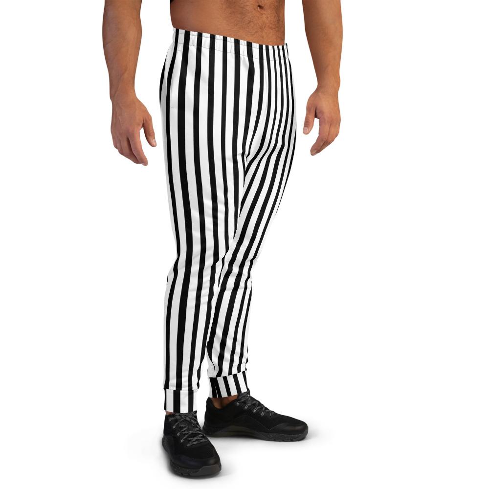 Black White Striped Men's Joggers, Modern Casual Stripe Print ...