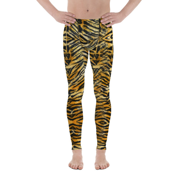 Orange Tiger Striped Men's Leggings, Animal Print Compression Tights ...