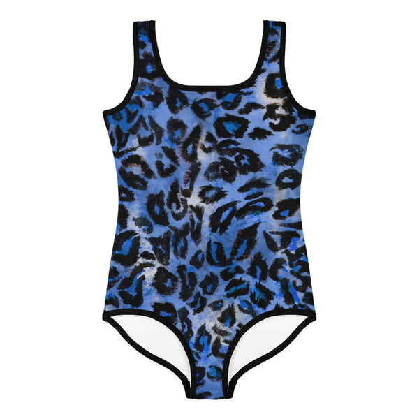 Blue Leopard Print Girl's Swimsuit, Animal Print Kids Cute Sports ...
