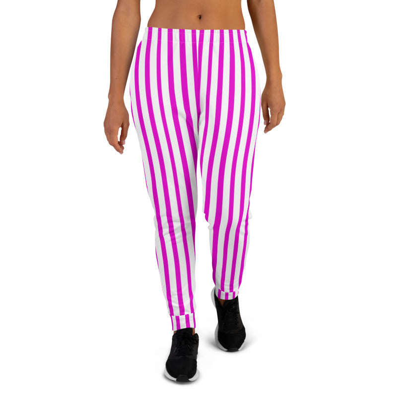 pink joggers with white stripe